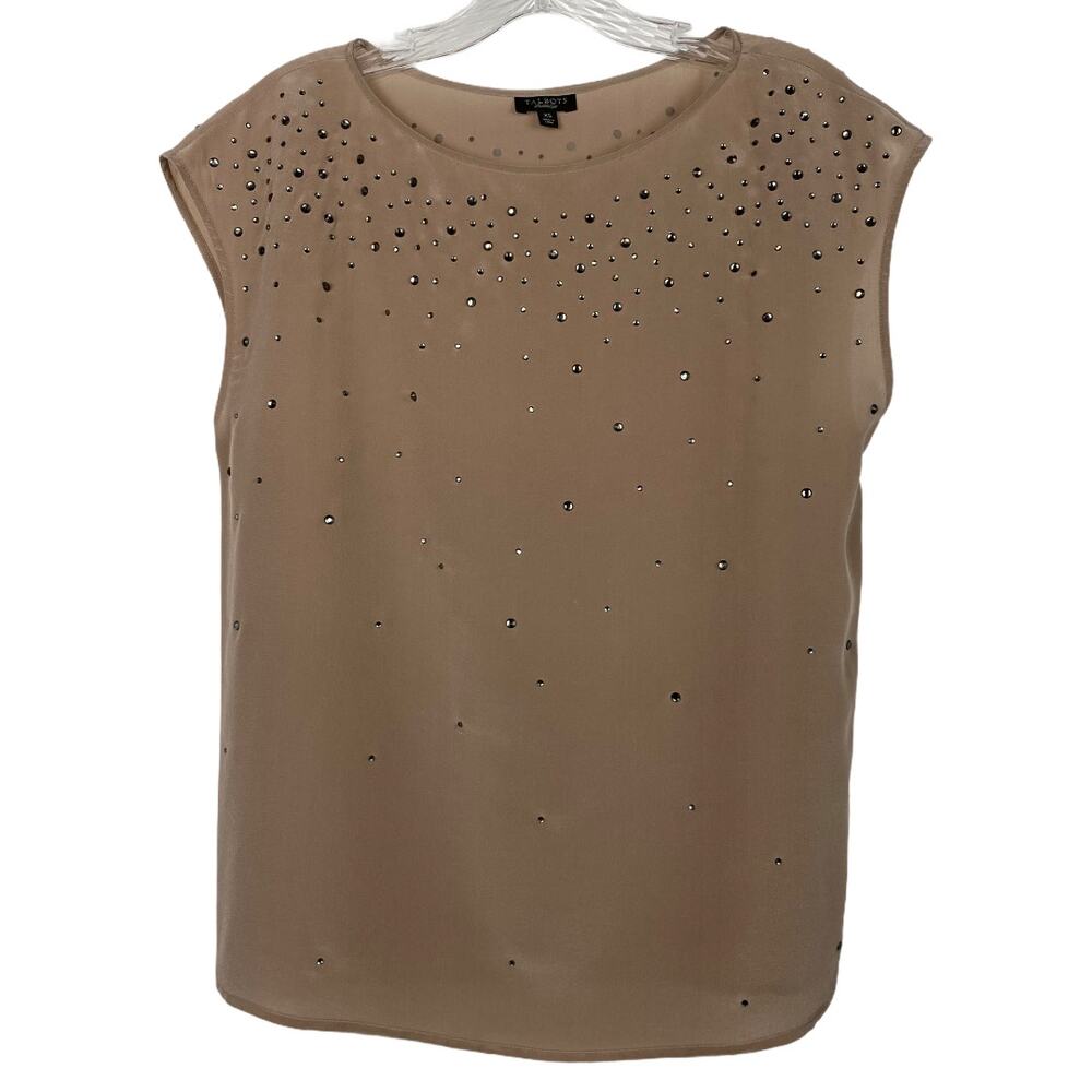 TALBOTS Pure Silk Top XS Rhinestone Tan Shell Fairy Neutral Minimalist